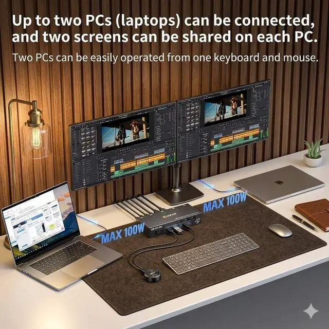 Alt view image 3 of 7 - USB C KVM Switch for 2 Monitors 2 Laptops, Reyoten Dual Monitor USB Type-C KVM Switcher with PD Charging Function, Supports 4K@60Hz for 2 PCs, No Driver Required