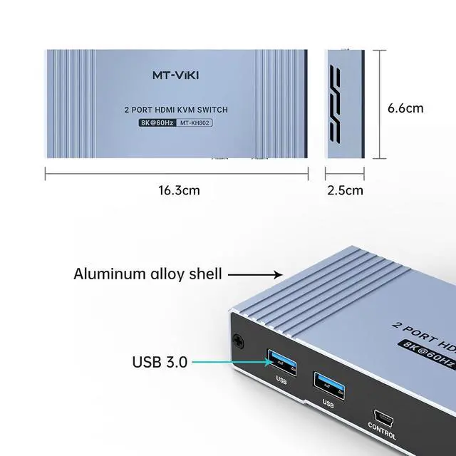 Alt view image 3 of 7 - MT-VIKI 4K@144Hz USB 3.0 HDMI KVM Switch 2 Port 8K@60Hz, MT-VIKI Aluminum KVM Switch HDMI 2.1, 4K@120Hz HDR for Games
