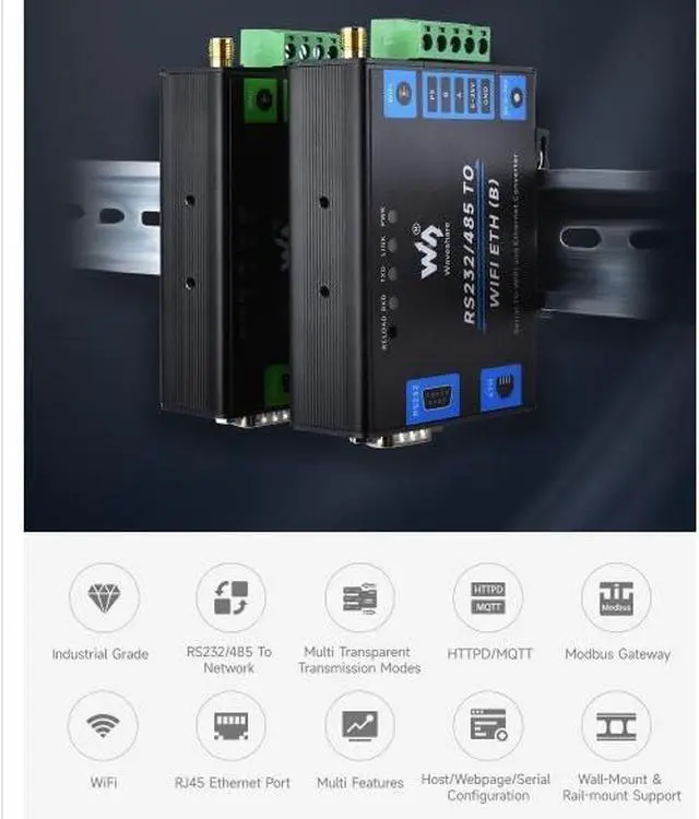 Alt view image 2 of 7 - Waveshare Serial Server RS232/485 to WiFi and Ethernet, Ethernet to WiFi Converter with POE Function, Modbus Gateway, MQTT Gateway, Serial Port to HTTPD Client Functions, DC 6~36V / PoE Power Supply
