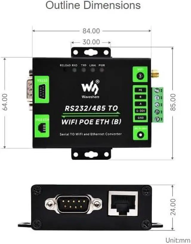 Alt view image 7 of 7 - Waveshare Serial Server RS232/485 to WiFi and Ethernet, Ethernet to WiFi Converter with POE Function, Modbus Gateway, MQTT Gateway, Serial Port to HTTPD Client Functions, DC 6~36V / PoE Power Supply