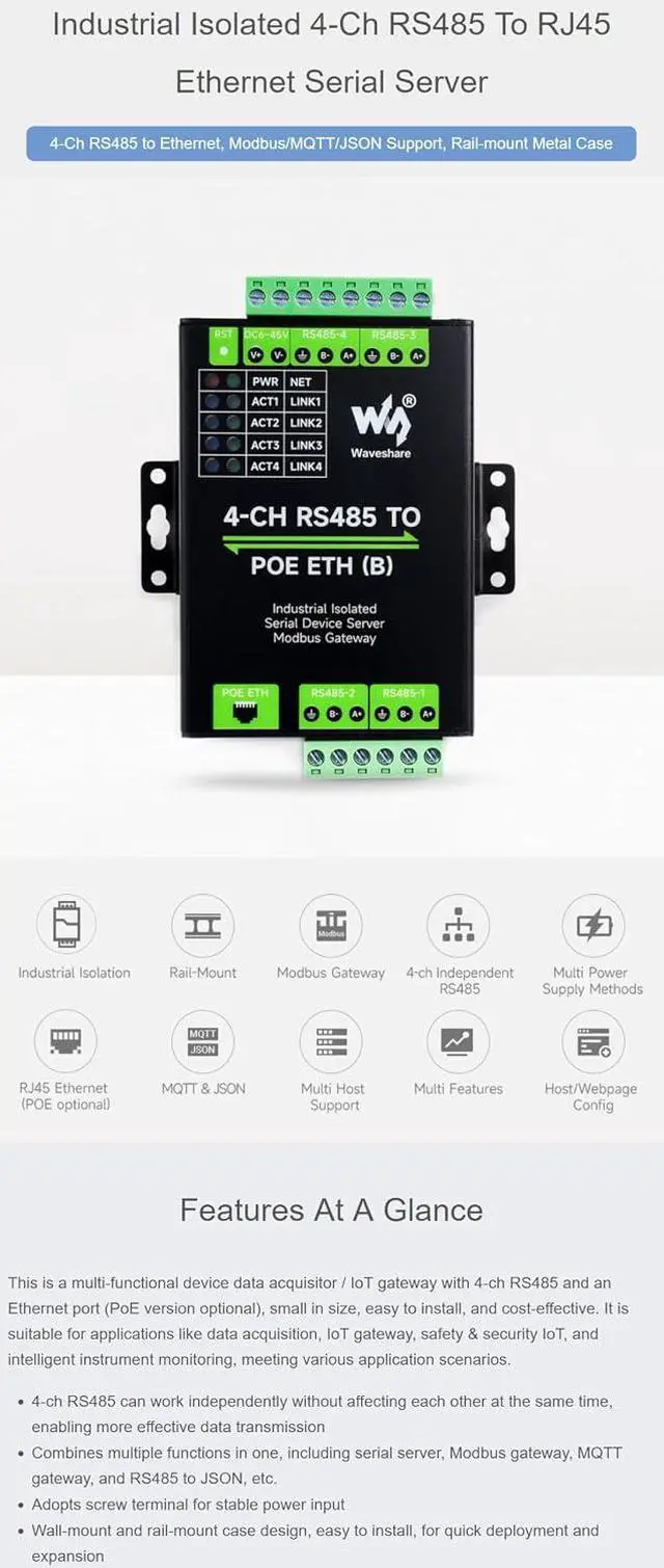 Alt view image 2 of 7 - 4-Ch RS485 to RJ45 Ethernet Serial Server with PoE Function, 4 Channels RS485 Independent Operation, Rail-Mount Industrial Isolated Serial Module