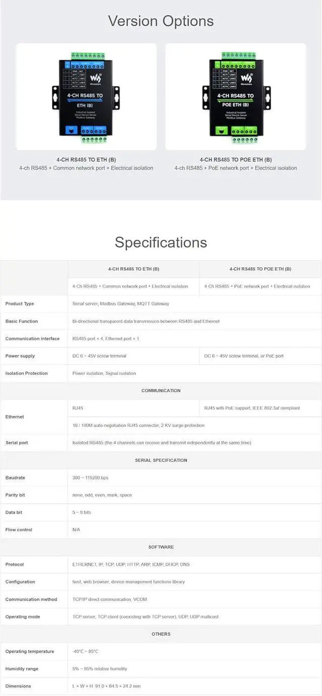 Alt view image 3 of 7 - 4-Ch RS485 to RJ45 Ethernet Serial Server with PoE Function, 4 Channels RS485 Independent Operation, Rail-Mount Industrial Isolated Serial Module