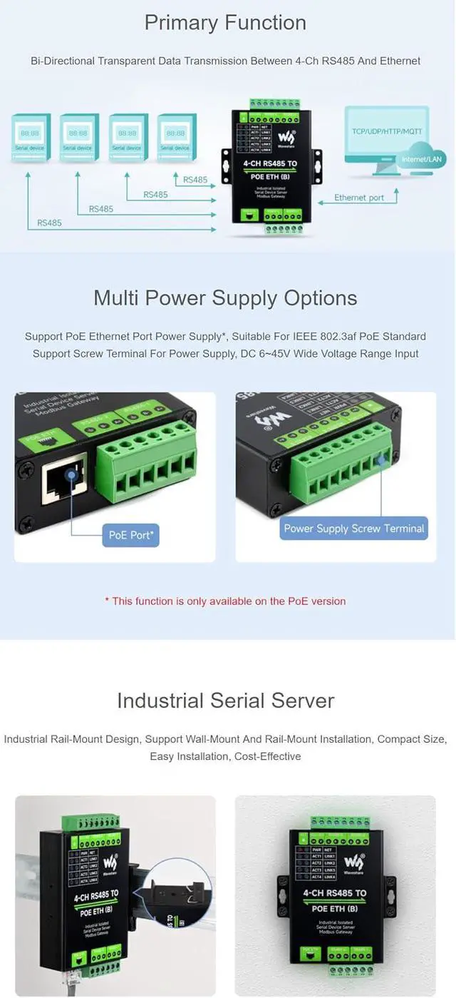 Alt view image 4 of 7 - 4-Ch RS485 to RJ45 Ethernet Serial Server with PoE Function, 4 Channels RS485 Independent Operation, Rail-Mount Industrial Isolated Serial Module