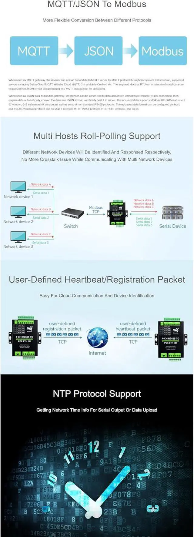 Alt view image 6 of 7 - 4-Ch RS485 to RJ45 Ethernet Serial Server with PoE Function, 4 Channels RS485 Independent Operation, Rail-Mount Industrial Isolated Serial Module