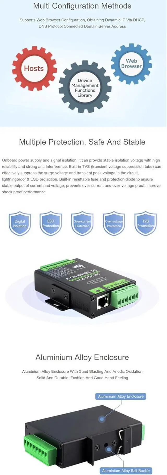 Alt view image 7 of 7 - 4-Ch RS485 to RJ45 Ethernet Serial Server with PoE Function, 4 Channels RS485 Independent Operation, Rail-Mount Industrial Isolated Serial Module