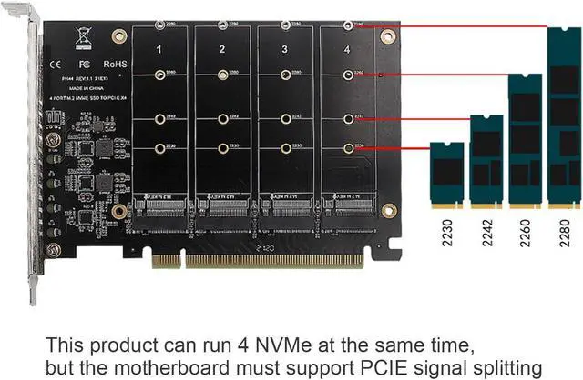 Alt view image 6 of 7 - Vikye Quad M.2 NVME to PCIe Adapter, 4 M.2 PCIe SSD Slots, PCIE 4.0, PCIe X16, High Power Chip, LED Indicator, Aluminum Alloy, PH44C, 32Gbps, Supports PCIE 3.0/4.0