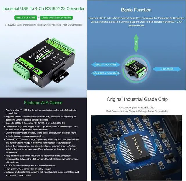 Alt view image 4 of 7 - Industrial Isolated USB to RS485/422 Converter, Original FT4232HL Chip, Supports USB to 2-Ch RS485 + 2-Ch RS485/422, Wall-Mount & Rail-Mount Support (USB to 4CH RS485/422)