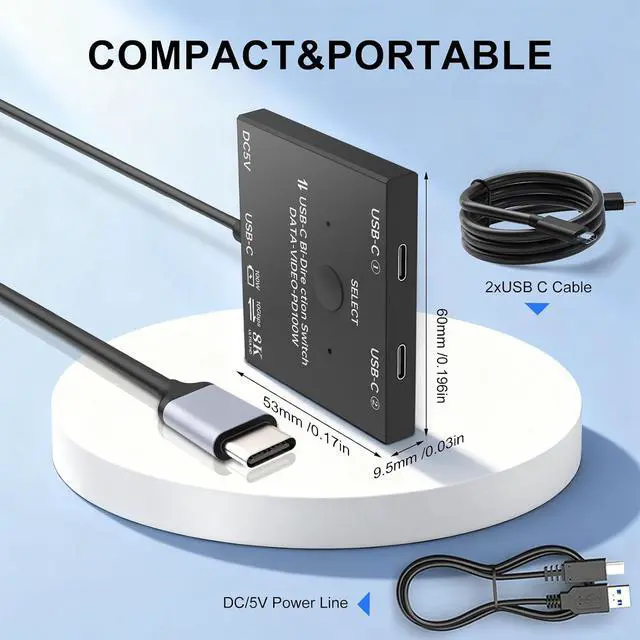 Alt view image 6 of 6 - 8K USB C Switch,Bi-Directional USBC Switcher 2 Computers,USB Type C KVM Switch 8K@60Hz 4K@120Hz Video/10Gbps Data Transfer/100W Charging,Compatible with Thunderbolt Device,2 USB-C Cables Included