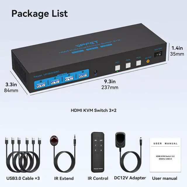 Alt view image 7 of 7 - HDMI KVM Switch 2 Monitors 3 Computers EDID 4K@60Hz USB 3.0 KVM Switches Dual Monitor 3 Ports for Triple PC Share Keyboard Mouse and Other 2 USB Devices with Controller
