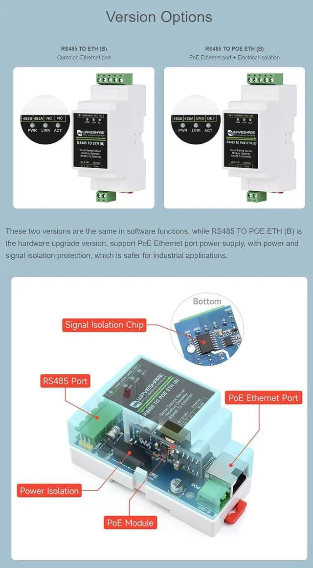 Alt view image 3 of 5 - Industrial Serial Server RS485 to RJ45 Ethernet TCP/IP to Serial Support Rail-Mount with POE Function Electrical Isolation