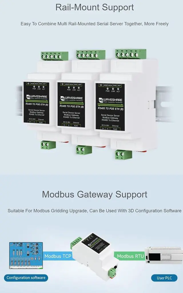 Alt view image 4 of 5 - Industrial Serial Server RS485 to RJ45 Ethernet TCP/IP to Serial Support Rail-Mount with POE Function Electrical Isolation
