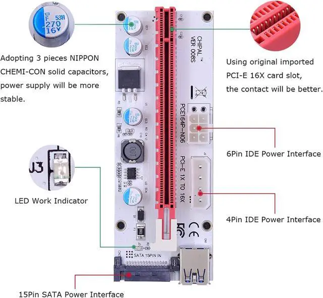 Alt view image 3 of 6 - KLVN 50pcs VER008S 60CM PCI-E Riser Card 008S PCI Express PCIE 1x 16x Adapter 3 in 1 Power 4pin 6pin SATA for Graphics Card