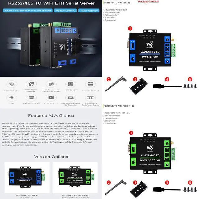 Alt view image 2 of 7 - Industrial Grade Serial Server RS232/485 to WiFi and Ethernet, Modbus Gateway, MQTT Gateway, Metal Case, Wail-Mount and Rail-Mount Support, PoE Function @XYGStudy (RS232/485 to WiFi POE ETH (B))