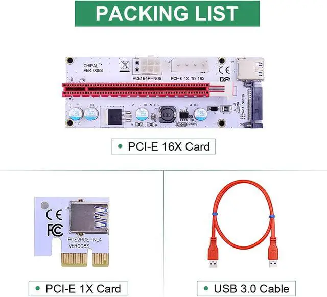 Alt view image 6 of 6 - KLVN 50pcs VER008S 60CM PCI-E Riser Card 008S PCI Express PCIE 1x 16x Adapter 3 in 1 Power 4pin 6pin SATA for Graphics Card