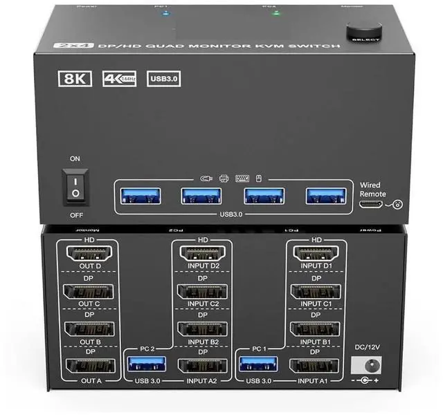 Main image of KVM Switch 4 Monitors 2 Computers,USB 3.0 HDMI+DisplayPort Four Monitor for PC Share Display 4USB(204 1H3D)