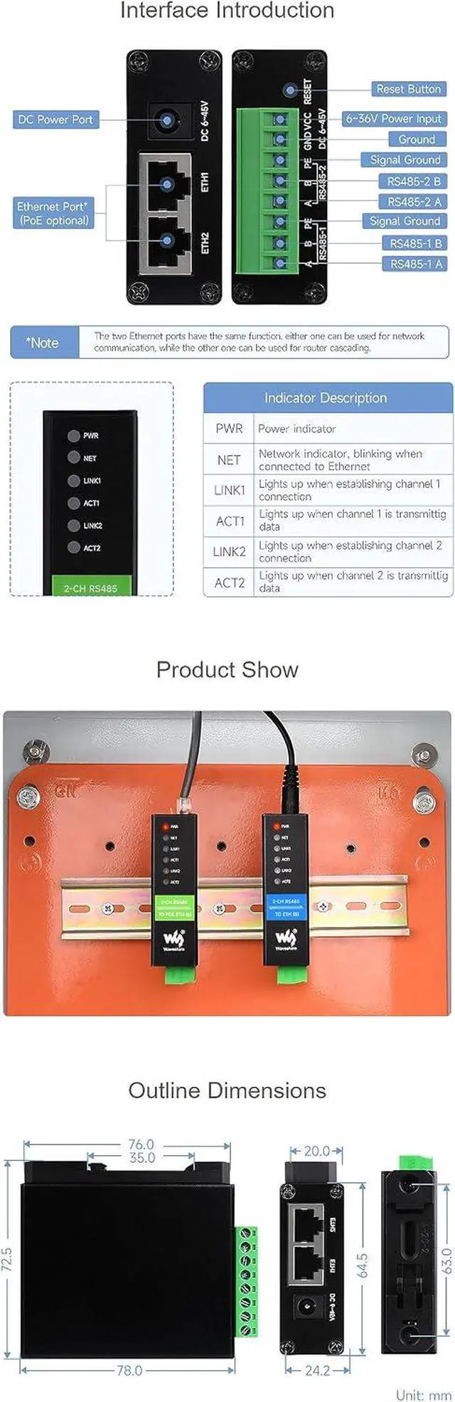 Alt view image 7 of 7 - Industrial 2-Ch RS485 to RJ45 Ethernet Serial Server Dual ETH Ports Dual Channels RS485 Independent Operation Bi-Directional Transparent Transmission