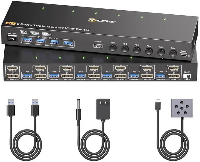 Main image of KVM Switch 6 Computers 2 Monitors, Reyoten 8K@60Hz, HDMI 2.1 & DP 1.4, 4×USB 3.0