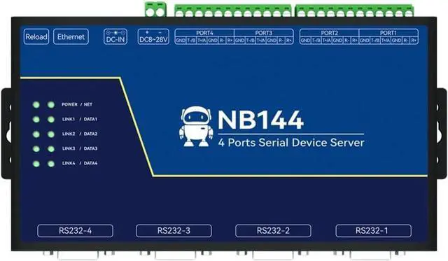 Main image of Isolated 4 Channel Serial Server RS232 RS422 RS485 RJ45 Modbus Gateway NB144E POE Receiving Power TCP UDP MQTT DC 8-28V Build in Watchdog