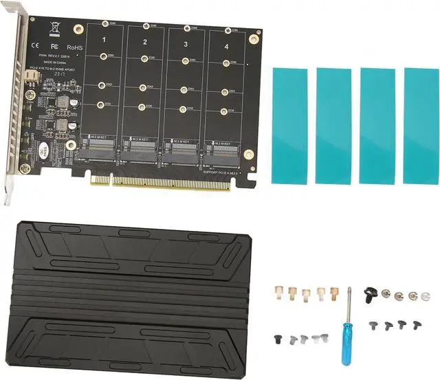 Main image of Vikye Quad M.2 NVME to PCIe Adapter, 4 M.2 PCIe SSD Slots, PCIE 4.0, PCIe X16, High Power Chip, LED Indicator, Aluminum Alloy, PH44C, 32Gbps, Supports PCIE 3.0/4.0