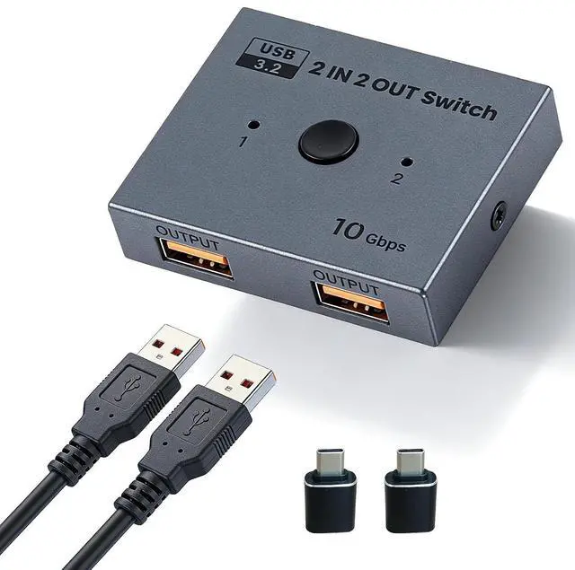 Main image of USB 3.2 Switch 2 in 2 Out, 10Gbps USB Switcher for 2 Computers, Printer Splitter USB Peripheral Selector for Keyboard Mouse Scanner, Plug & Play with 2 USB 3.2 Cables & Type-C OTG