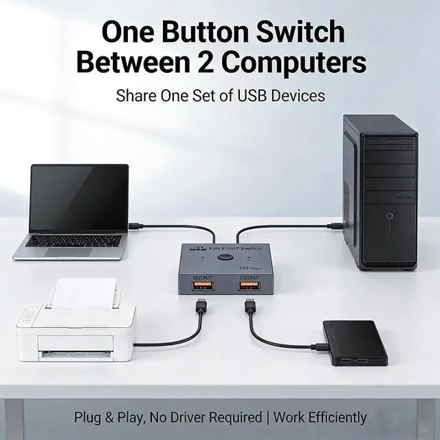 Alt view image 3 of 7 - USB 3.2 Switch 2 in 2 Out, 10Gbps USB Switcher for 2 Computers, Printer Splitter USB Peripheral Selector for Keyboard Mouse Scanner, Plug & Play with 2 USB 3.2 Cables & Type-C OTG