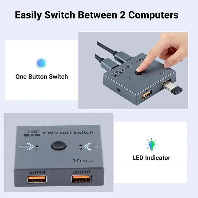 Alt view image 5 of 7 - USB 3.2 Switch 2 in 2 Out, 10Gbps USB Switcher for 2 Computers, Printer Splitter USB Peripheral Selector for Keyboard Mouse Scanner, Plug & Play with 2 USB 3.2 Cables & Type-C OTG