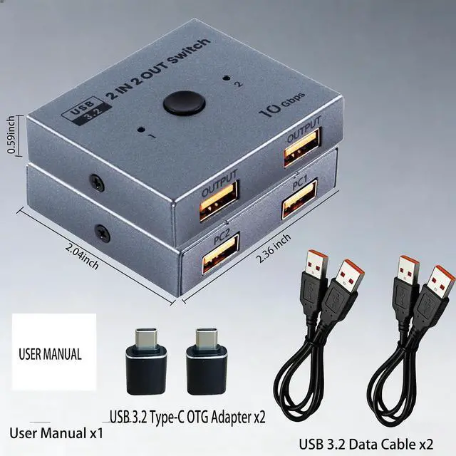 Alt view image 7 of 7 - USB 3.2 Switch 2 in 2 Out, 10Gbps USB Switcher for 2 Computers, Printer Splitter USB Peripheral Selector for Keyboard Mouse Scanner, Plug & Play with 2 USB 3.2 Cables & Type-C OTG