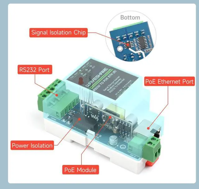 Alt view image 3 of 6 - Industrial Serial Server RS232 to RJ45 Ethernet TCP/IP to Serial Rail-Mount Support with POE Function