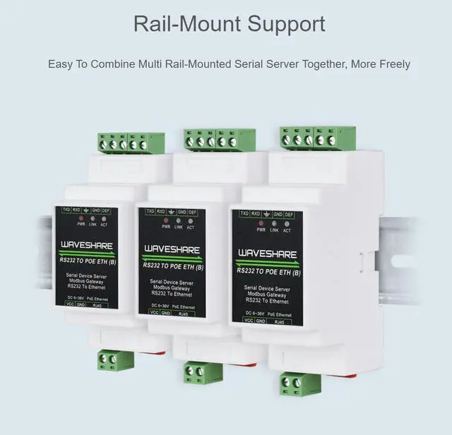 Alt view image 6 of 6 - Industrial Serial Server RS232 to RJ45 Ethernet TCP/IP to Serial Rail-Mount Support with POE Function