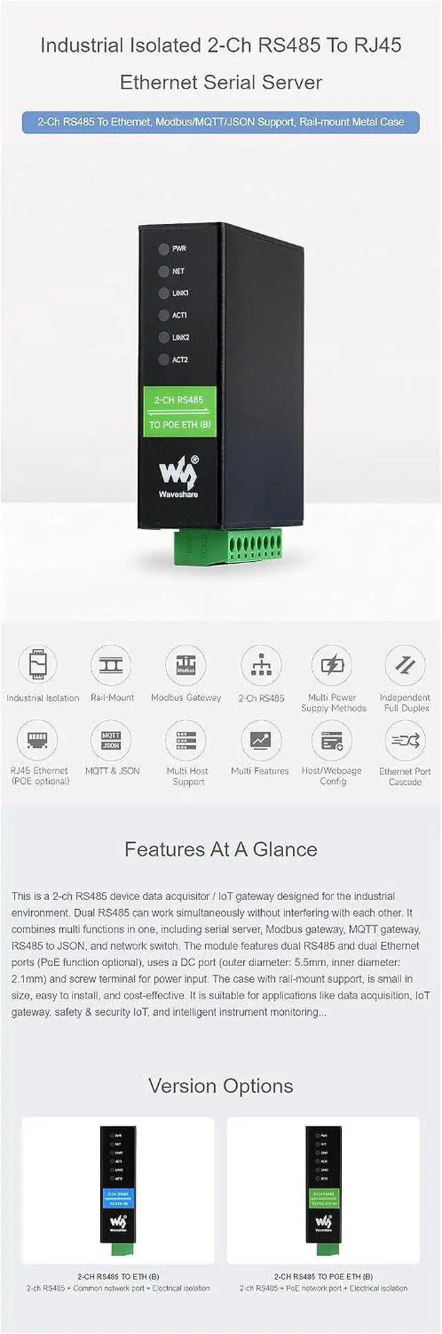 Alt view image 3 of 7 - Industrial Serial Module 2-Ch RS485 to RJ45 Ethernet Serial Server Dual ETH Ports POE Network Port Bi-Directional Transparent Transmission