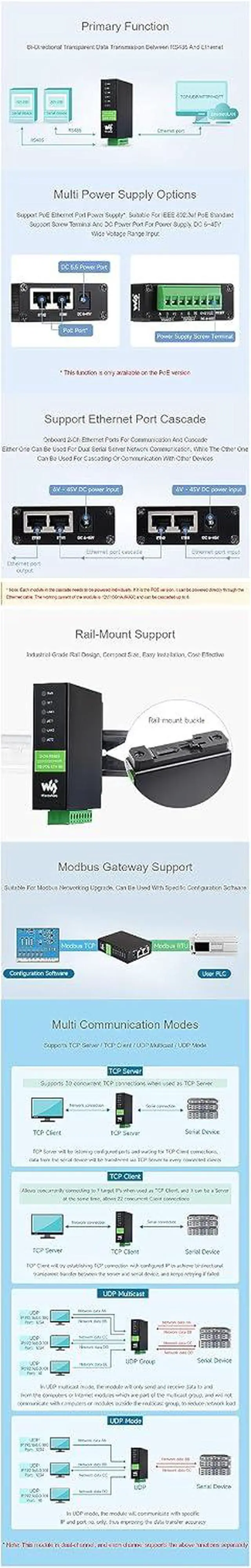 Alt view image 5 of 7 - Industrial Serial Module 2-Ch RS485 to RJ45 Ethernet Serial Server Dual ETH Ports POE Network Port Bi-Directional Transparent Transmission