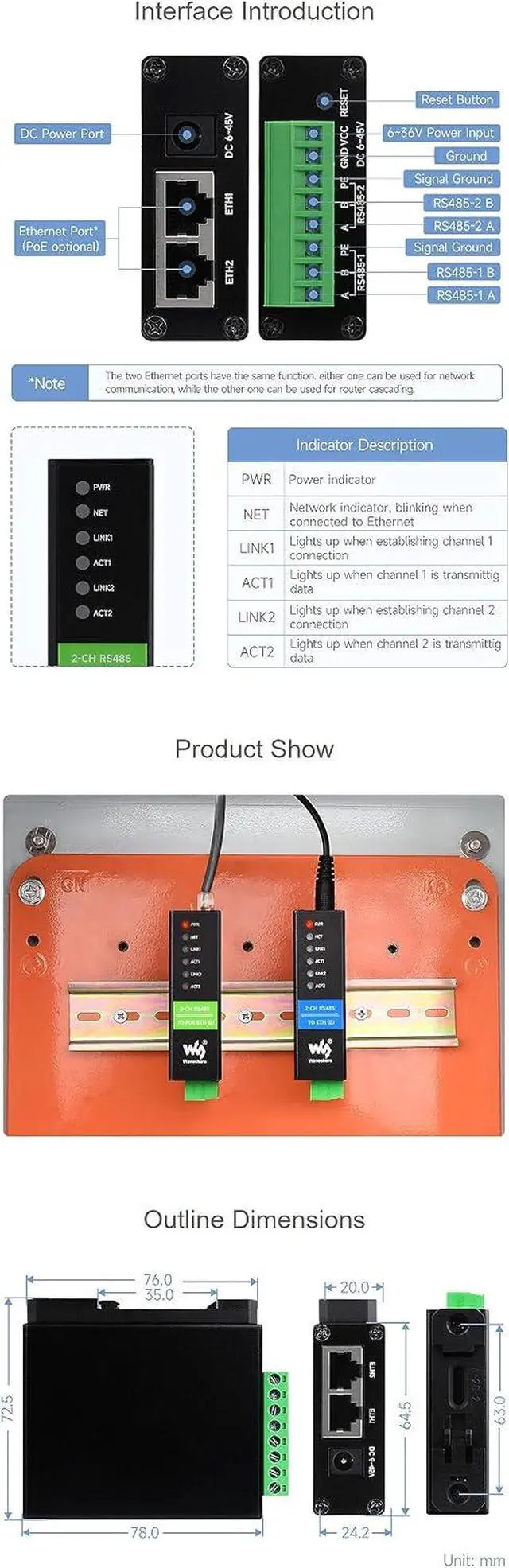 Alt view image 7 of 7 - Industrial Serial Module 2-Ch RS485 to RJ45 Ethernet Serial Server Dual ETH Ports POE Network Port Bi-Directional Transparent Transmission