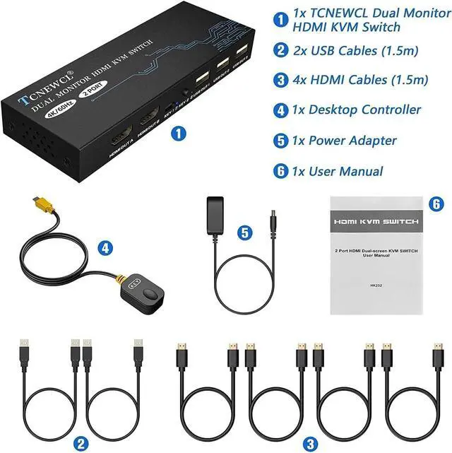 Alt view image 6 of 6 - TCNEWCL Dual Monitor KVM Switch 4K@60Hz with 4 HDMI Cables and 2 USB Cables Included, 4K KVM for 2 Monitor 2 Computer PC