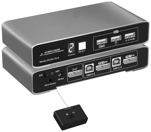 Main image of 2 Ports HDMI USB 2.0 KVM Switch 4K@60Hz with Wired Remote for 2 Computers and 1 Monitor, Digital Display Aluminum Body Cables inclued