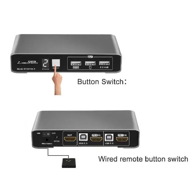 Alt view image 2 of 6 - 2 Ports HDMI USB 2.0 KVM Switch 4K@60Hz with Wired Remote for 2 Computers and 1 Monitor, Digital Display Aluminum Body Cables inclued