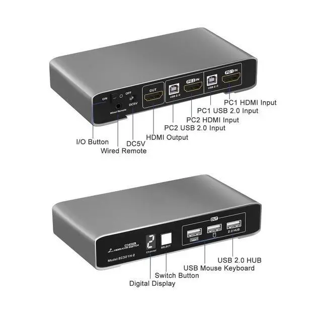 Alt view image 4 of 6 - 2 Ports HDMI USB 2.0 KVM Switch 4K@60Hz with Wired Remote for 2 Computers and 1 Monitor, Digital Display Aluminum Body Cables inclued