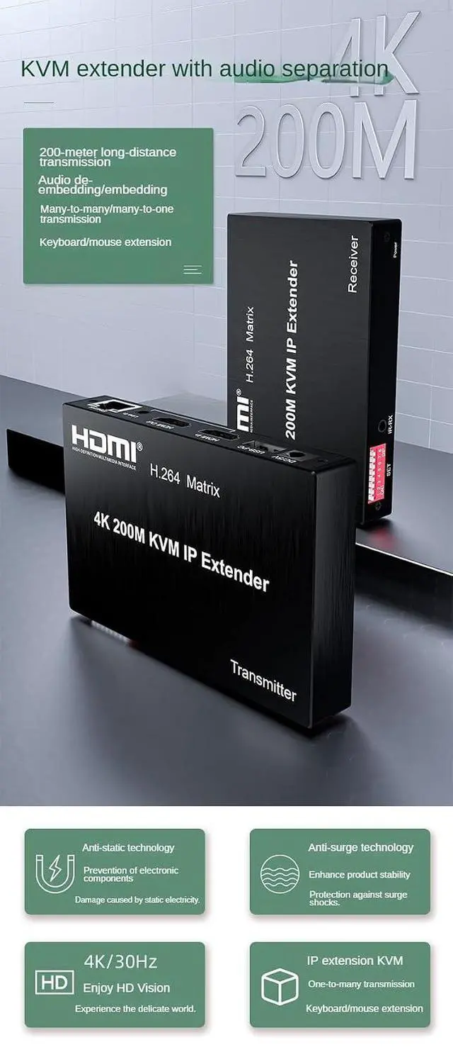 Alt view image 2 of 7 - 4K HDMI KVM IP Extender Over Cat5e/Cat6, H.264 Matrix Many-to-Many, 200M Range, Mouse and Keyboard Control for PC/TV