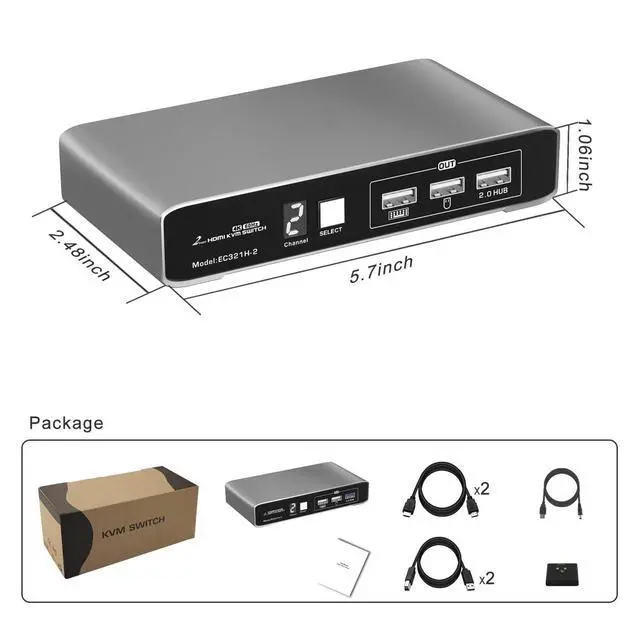 Alt view image 5 of 6 - 2 Ports HDMI USB 2.0 KVM Switch 4K@60Hz with Wired Remote for 2 Computers and 1 Monitor, Digital Display Aluminum Body Cables inclued