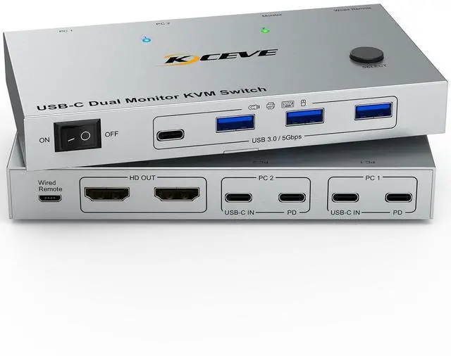 Main image of USB C KVM Switch 2 Laptops 2 Monitors 4K@60Hz,Dual Monitor KVM Switch for 2 Laptops Sharing 2 Monitor and 4 USB 3.0 Devices with 80W PD,Wired Remote and Cables