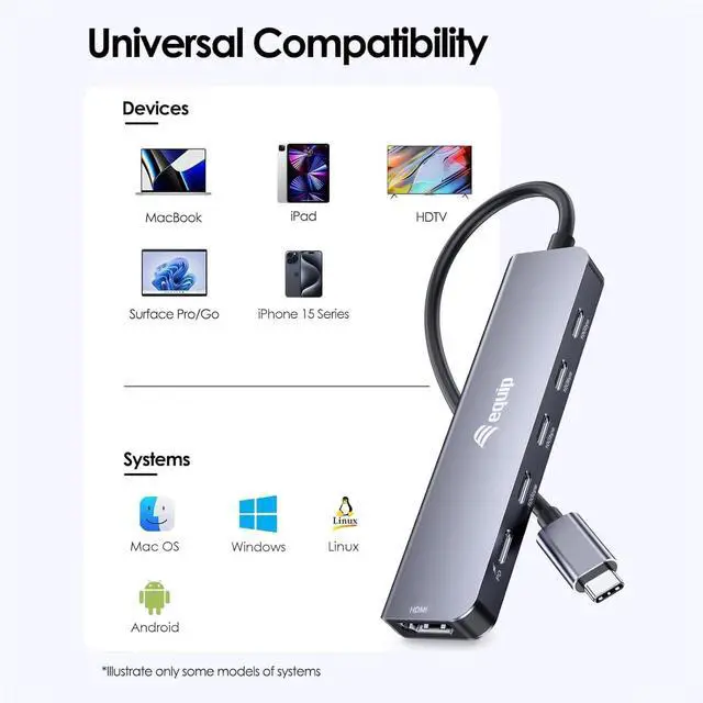Alt view image 6 of 7 - Equip Adapter USB-C->HDMI/3xUSB-C/USB PD 4K/60Hz 0.25m