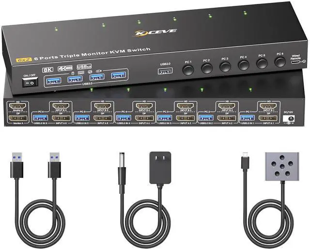 Main image of KVM Switch 2 Monitors 6 Computers HDMI + DisplayPort, KCEVE DP 6 Computer KVM Switcher, 8K@30Hz/4k@144Hz for 6 PC Share 2 Display and USB 3.0 Devices