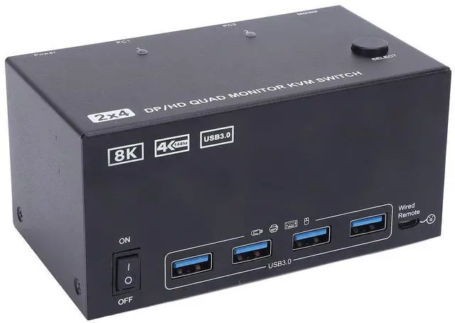 Main image of Yunseity KVM Switch, 4 Displays 2 Computers 1.4 USB 3.0 Switcher Box, with 4K 144Hz 8K 60Hz Support and Ports, for Keyboard Mouse Printer and USB Drive (US Plug)