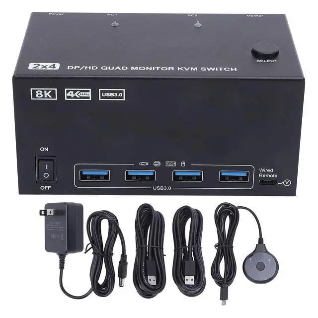 Alt view image 5 of 7 - Yunseity KVM Switch, 4 Displays 2 Computers 1.4 USB 3.0 Switcher Box, with 4K 144Hz 8K 60Hz Support and Ports, for Keyboard Mouse Printer and USB Drive (US Plug)