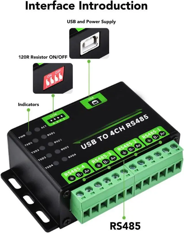 Alt view image 4 of 7 - flexman USB to 4CH RS485 Converter, 5V 23.6mA 1200~460800bps Onboard TVS Anti Thunder, 120R Resistors Industrial Isolated Adapter for Communication