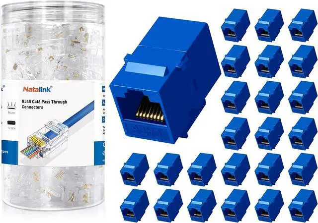 Main image of Cat6 Keystone Coupler 25-Pack Blue Female to Female for Wall Plates & Patch Panels with 200 Pack Cat6 Connecto