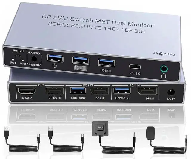 Main image of Dual Monitor Displayport KVM Switch 2 Monitors 2 Computers 4K 60Hz HDMI+DP 4 USB3.0 KVM Switcher 2DP in HDMI+DisplayPort Output KVM Switcher for 2 PC Sharing Keyboard Mouse Mic and Audio Output (Gray)