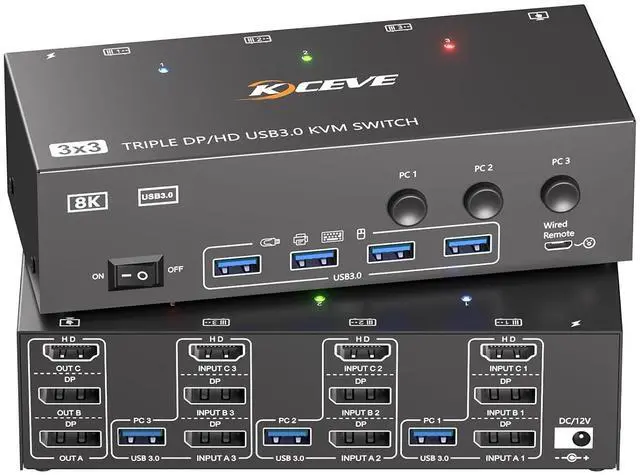 Main image of HDMI Dispalyport KVM Switch 3 Monitors 3 Computers 8K@60Hz 4K@144Hz, USB3.0 KVM Switches Triple Monitor for 3 PC Share 3 Screens and 4 SUB3.0 Ports, Support Extended/Mirror Mode, with Wired Controller