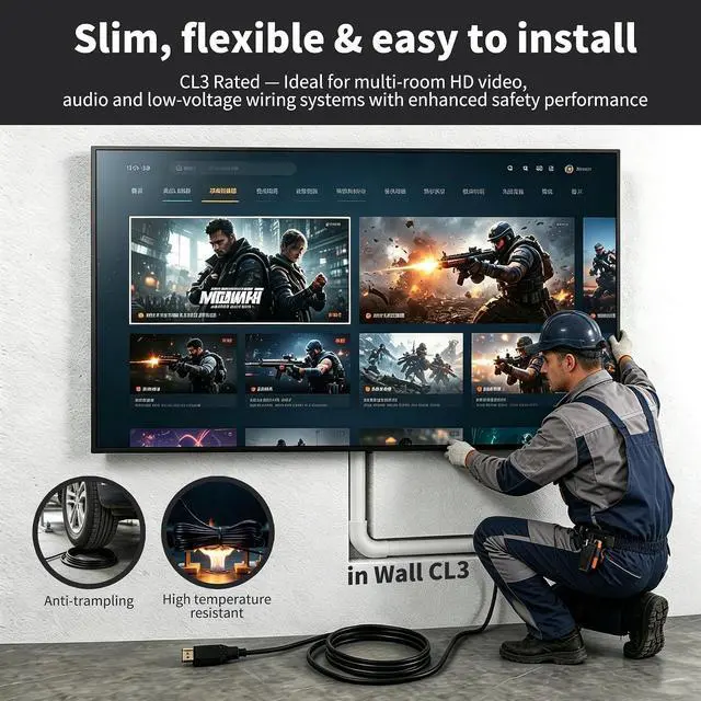 Alt view image 5 of 7 - 8K Long Fiber Optic HDMI cable in-Wall CL3 Rated 48Gbps 66FT Ultra High speed HDMI 2.1 Cord 8K@60Hz 4K@120Hz 10K@30Hz HDCP 2.2&2.3, eARC HDR10 Dolby Compatible with Laptop/PS5/TV/PC/Switch/Mac/Xbox