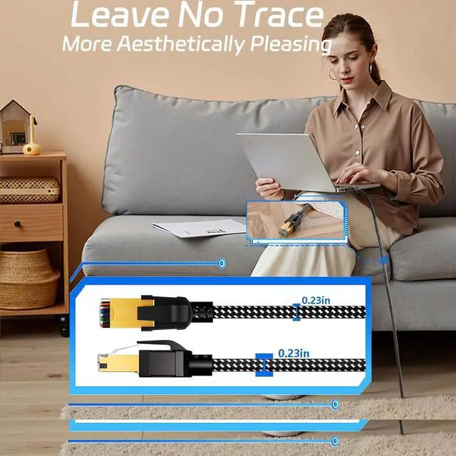 Alt view image 6 of 7 - Cat 8 Ethernet Cable 100FT, Nylon Braided High Speed Internet Network Cable with RJ45 Connector, 40Gbps 2000MHz Heavy Duty LAN Cable Indoor&Outdoor for Modem/Router/Gaming/PC