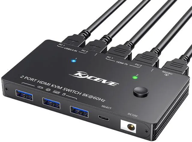 Main image of HDMI KVM Switch 1 Monitor 2 Computer | 8K@60Hz, 4K@120Hz, KVM Switch HDMI 2 Port with 3 USB3.0 port, Wired Remote, Power Adapter and 2 USB Cables(8K HD 2 in 1 out)